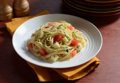 Angel Hair Caprese with angel hair pasta, tomatoes and fresh mozzarella