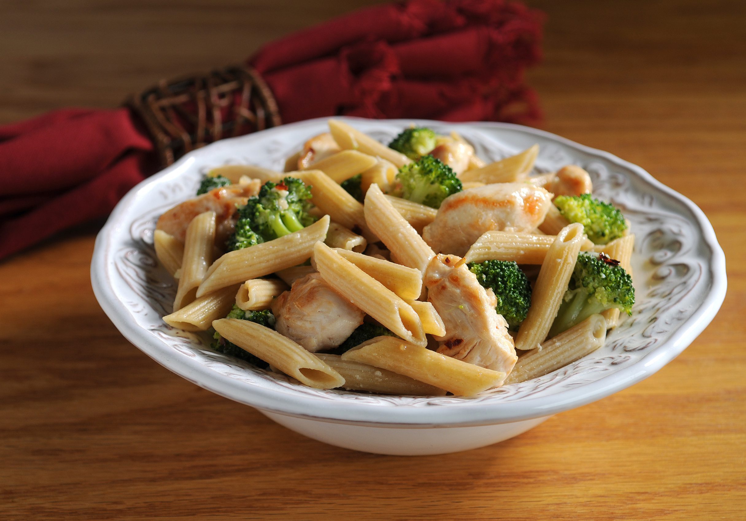 Chicken, broccoli, and penne with garlic and red pepper flakes