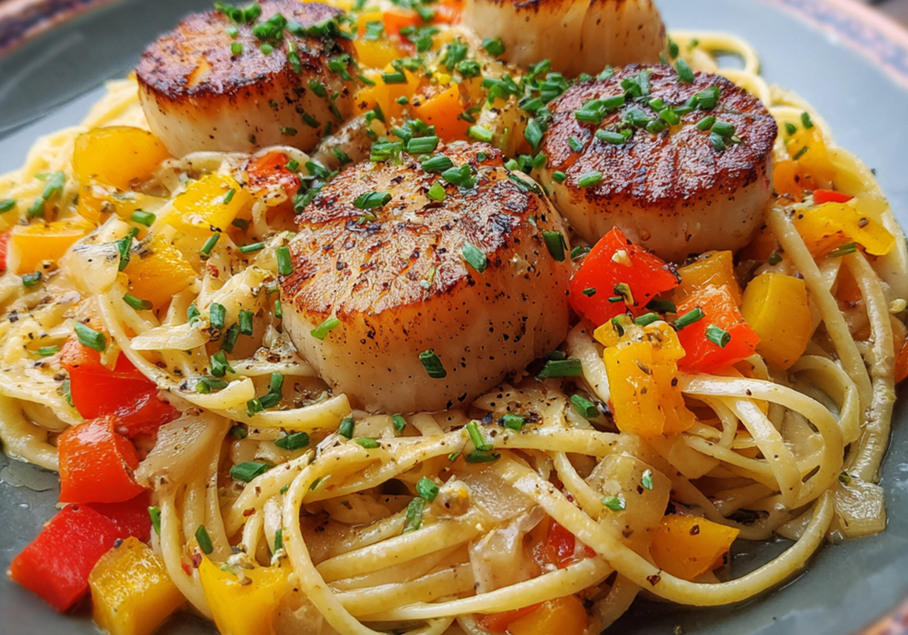 Lemon Pepper Linguine with Scallops and Peppers