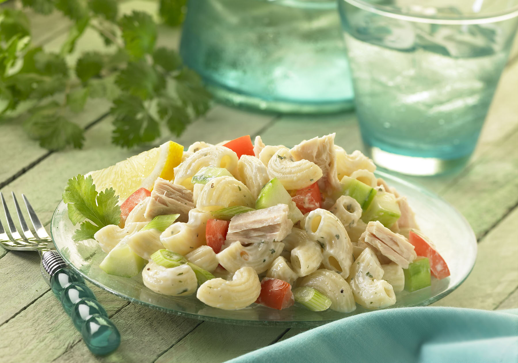 Elbows paired with tuna, tomatoes, cucumber, and green onions in a mayonnaise sauce